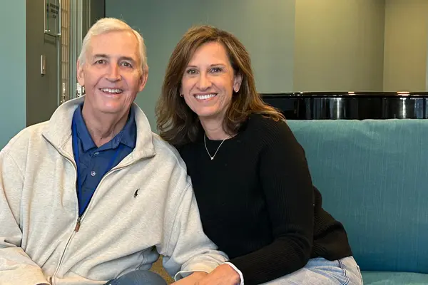 MSK treated Steve Harrold, sitting with his wife, Sara, for throat cancer. 